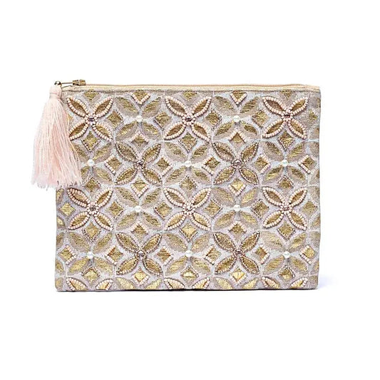 Pochette zippée en velours beige| broderie Fleur de vie