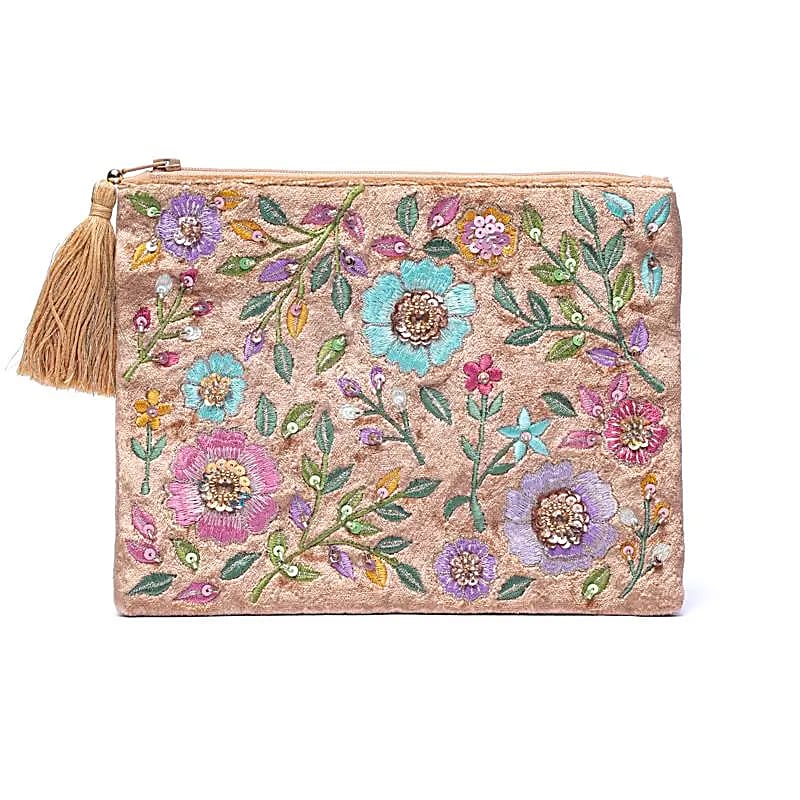 Pochette en velours beige brodée de fleurs colorées pour cadeau bien-être raffiné