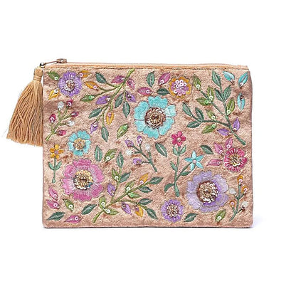 Pochette en velours beige brodée de fleurs colorées pour cadeau bien-être raffiné