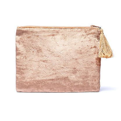 Pochette zippée en velours beige vue arrière, accessoire élégant pour coffret cadeau bien-être