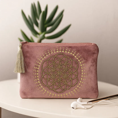 Pochette zippée en velours Rose | broderie Fleur de Vie pour bijoux et accessoires