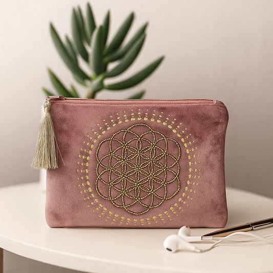 Pochette zippée en velours Rose | broderie Fleur de Vie pour bijoux et accessoires