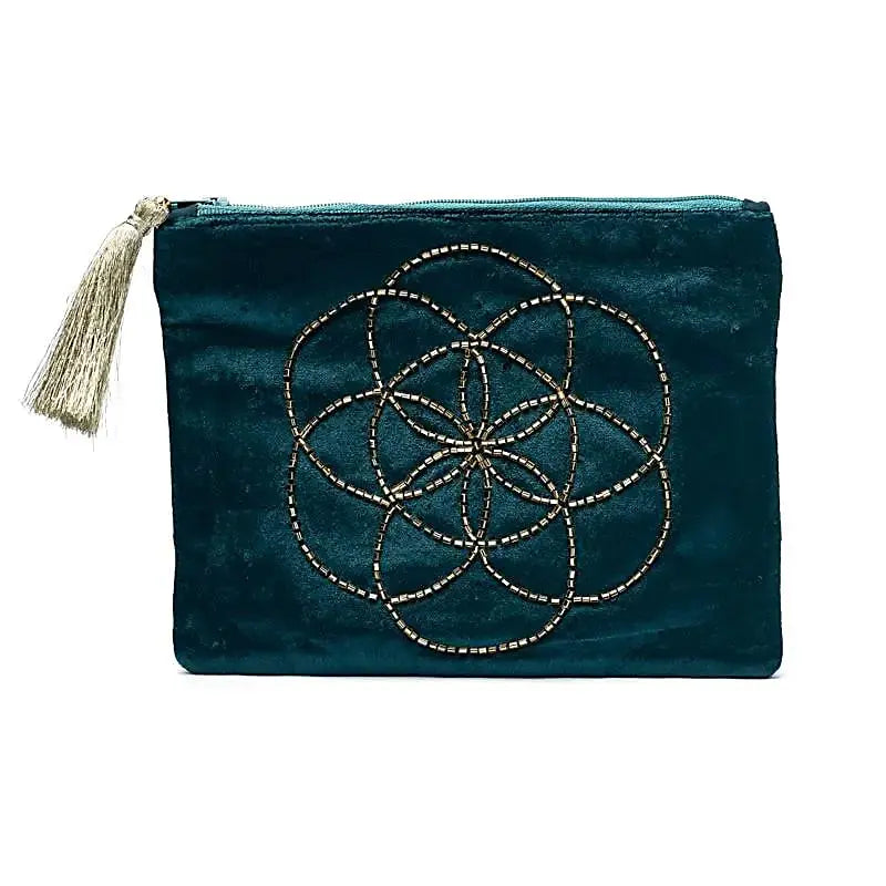 Pochette zippée en velours Pétrole | broderie Graine de Vie