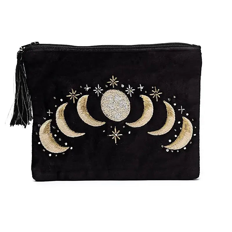 Pochette zippée en velours Noir |avec ses broderies Phases de Lune de face