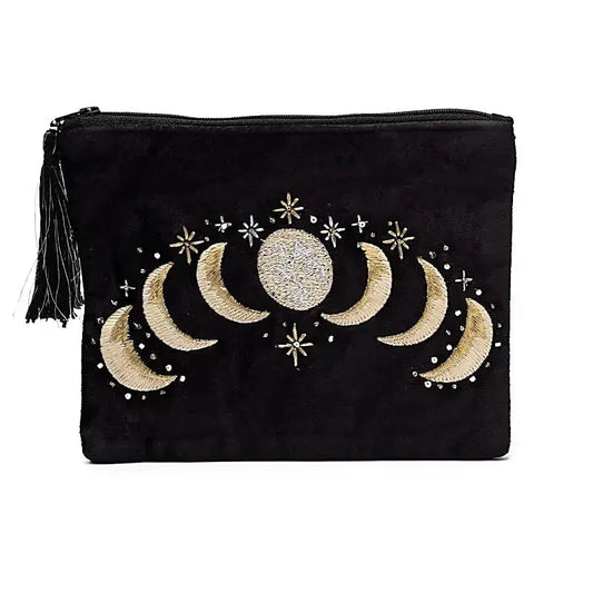Pochette zippée en velours Noir |avec ses broderies Phases de Lune de face