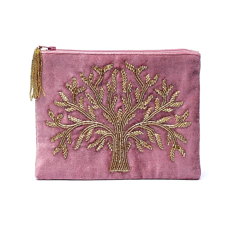 Pochette zippée en velours Rose| broderie Arbre de Vie : élégance et spiritualité