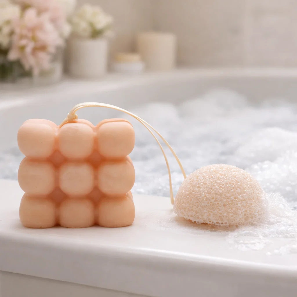 Savon de massage aromathérapie au géranium et bois de santal, accessoire bien-être pour un massage relaxant et sensoriel sous la douche ou au bain