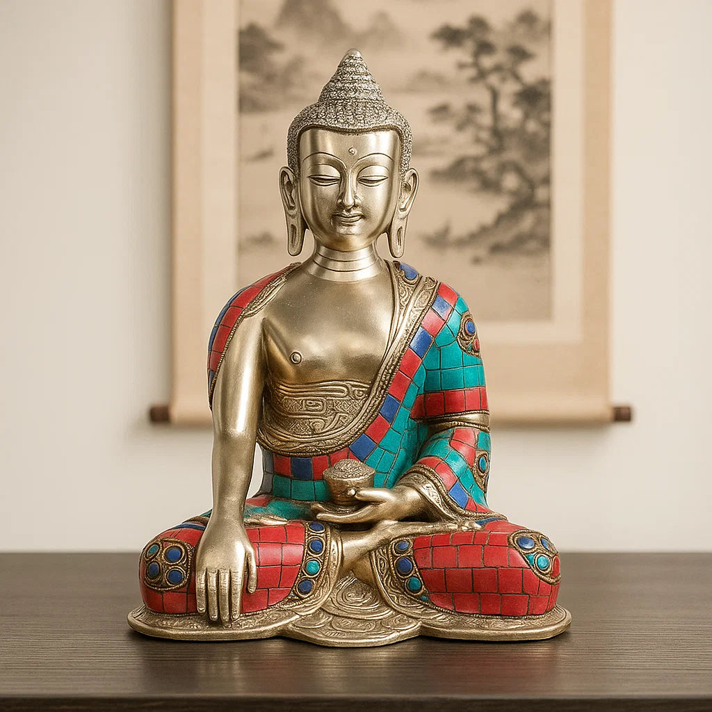 Bouddha argenté Shakyamuni avec pierres