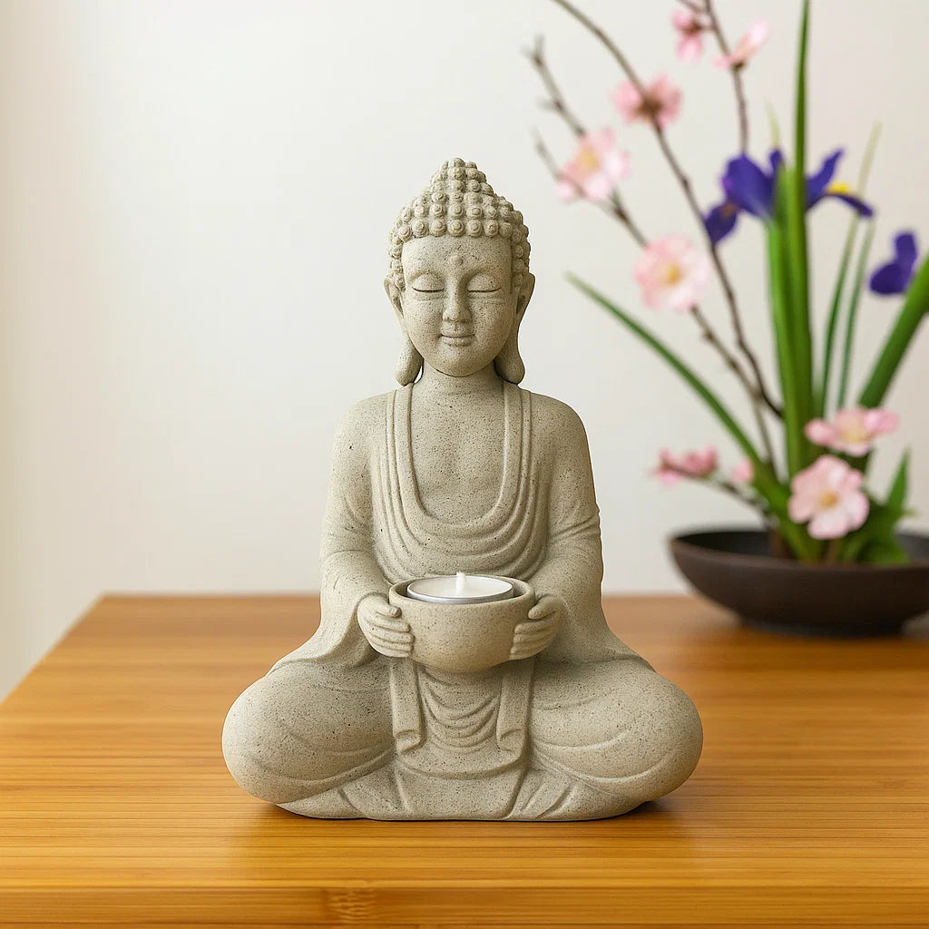 Bouddha méditant gris avec bougeoir